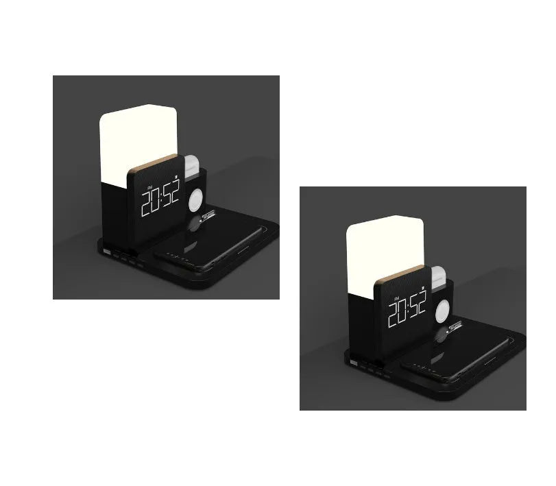 Digital LED alarm clock with night light and magnetic wireless charger in black casing