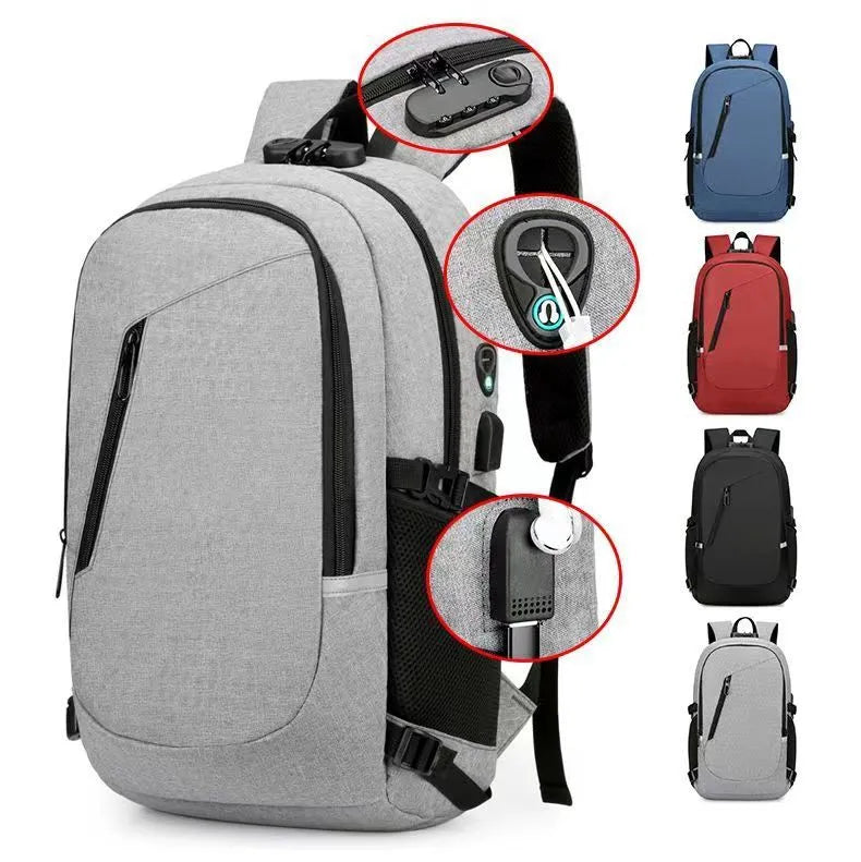 Blue unisex Oxford cloth computer backpack with a street style design, shown from the side.