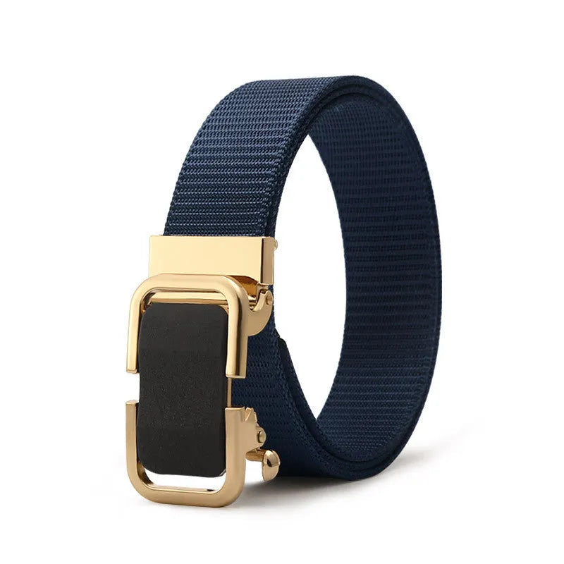 Toothless nylon canvas men's belt with alloy buckle showing adjustment along 120cm length