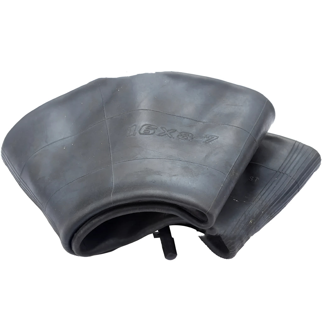 Two black rubber 16x8.00-7 inner tubes with TR13 straight valve stems and dust caps.