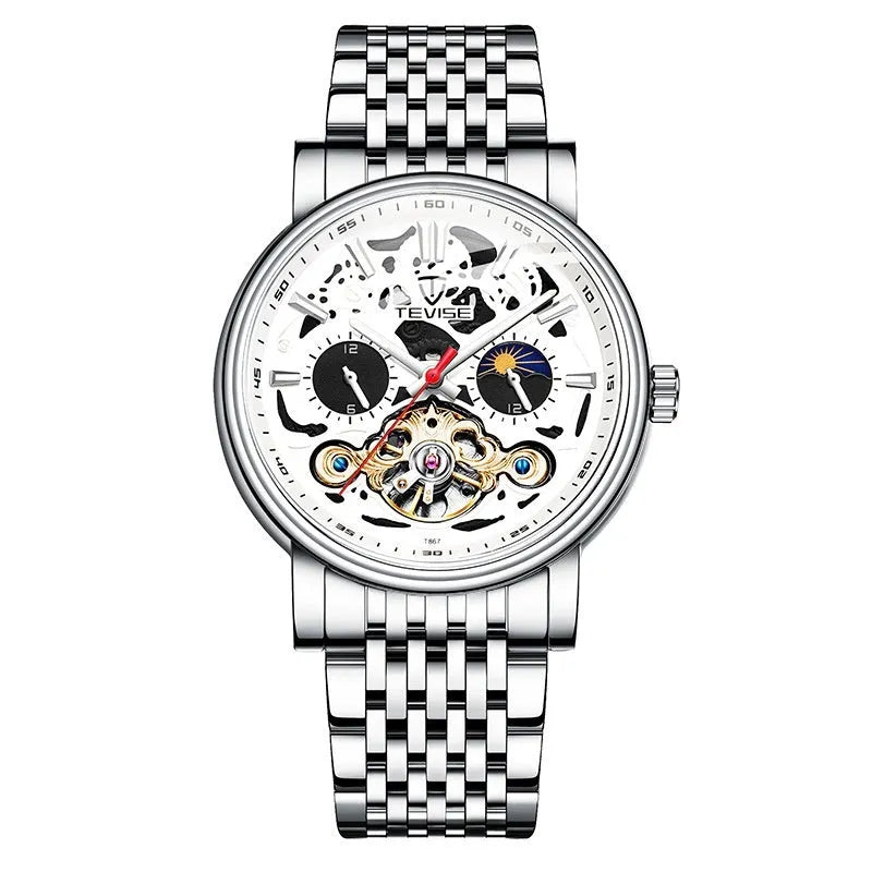 Men's tourbillon mechanical watch with luminous hands on a steel bracelet, showing a black dial.