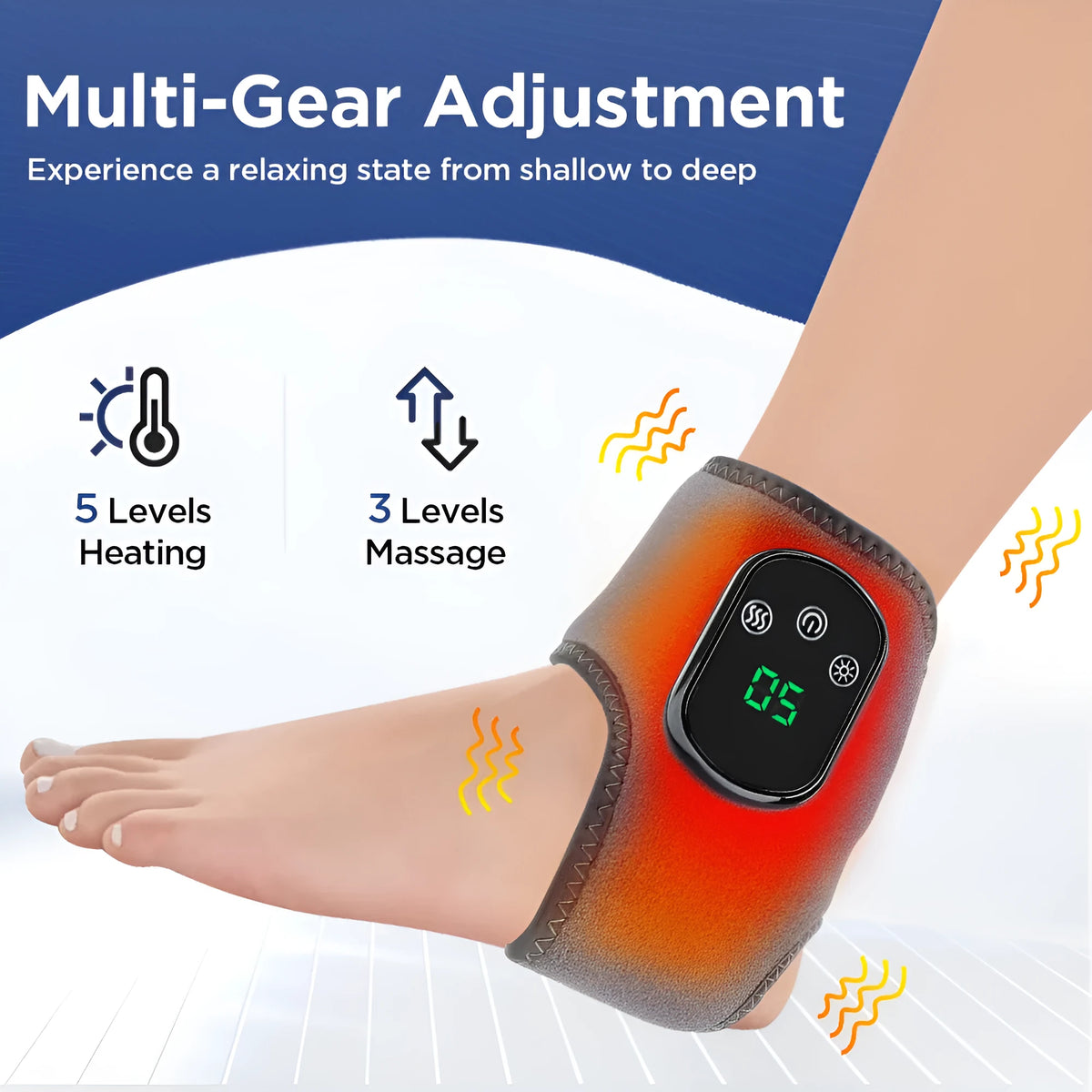 Electric heating ankle and wrist guard massage instrument in grey or black with 5V 7W power, gear controls, and optional extension strap.