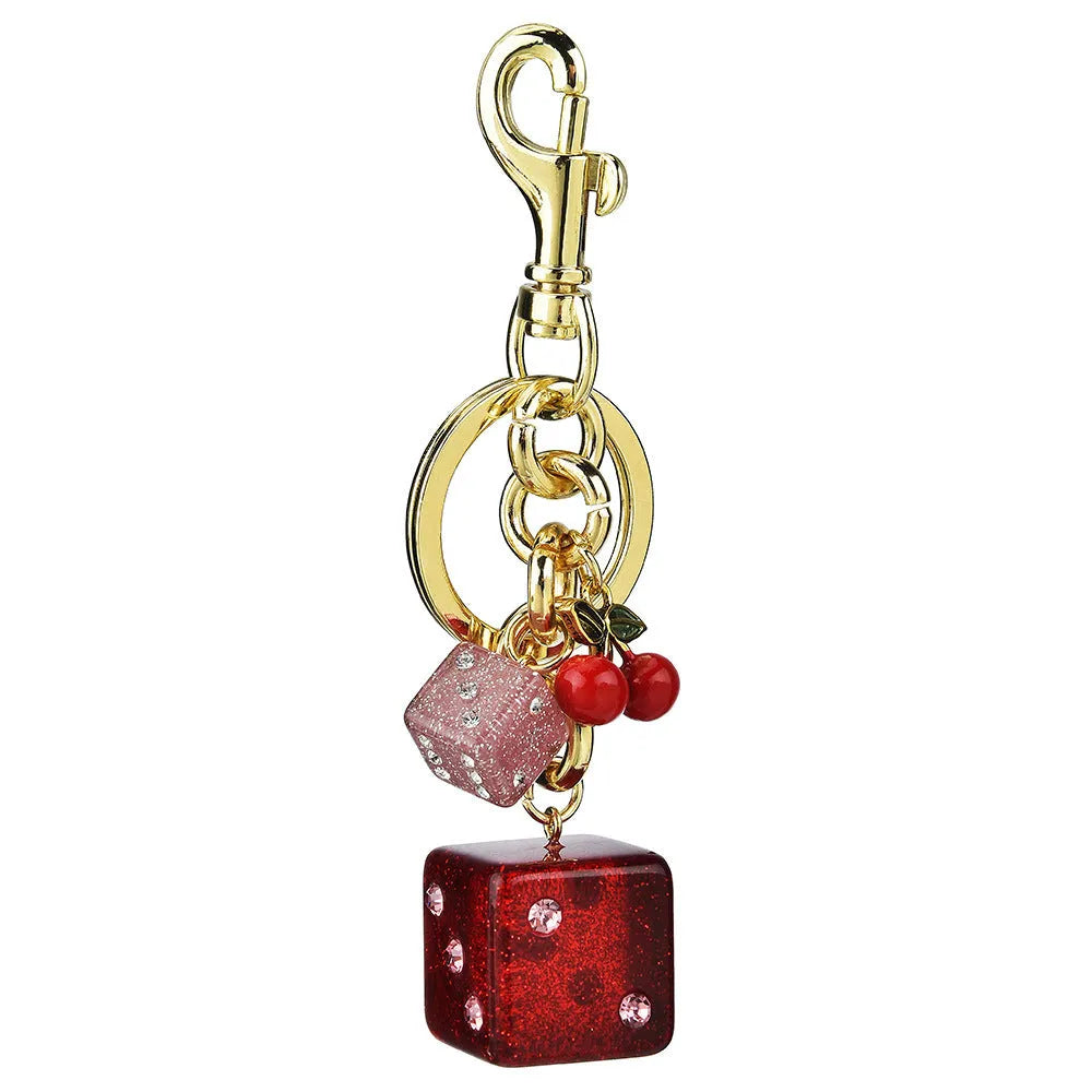Vintage cherry red two-tone metal dice bag keychain pendant with a square geometric shape