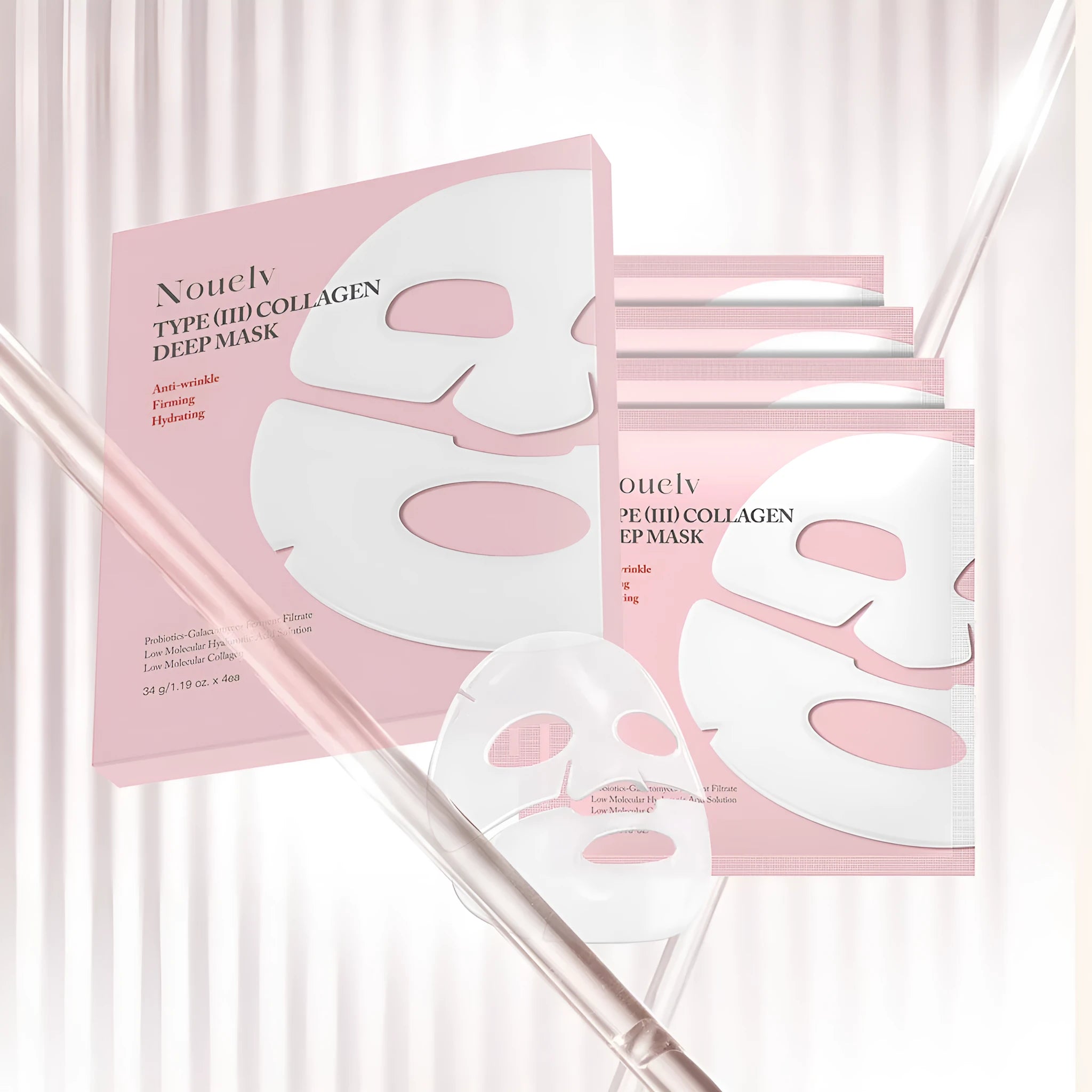 Box containing four white collagen sheet face masks for skincare moisturising treatment.