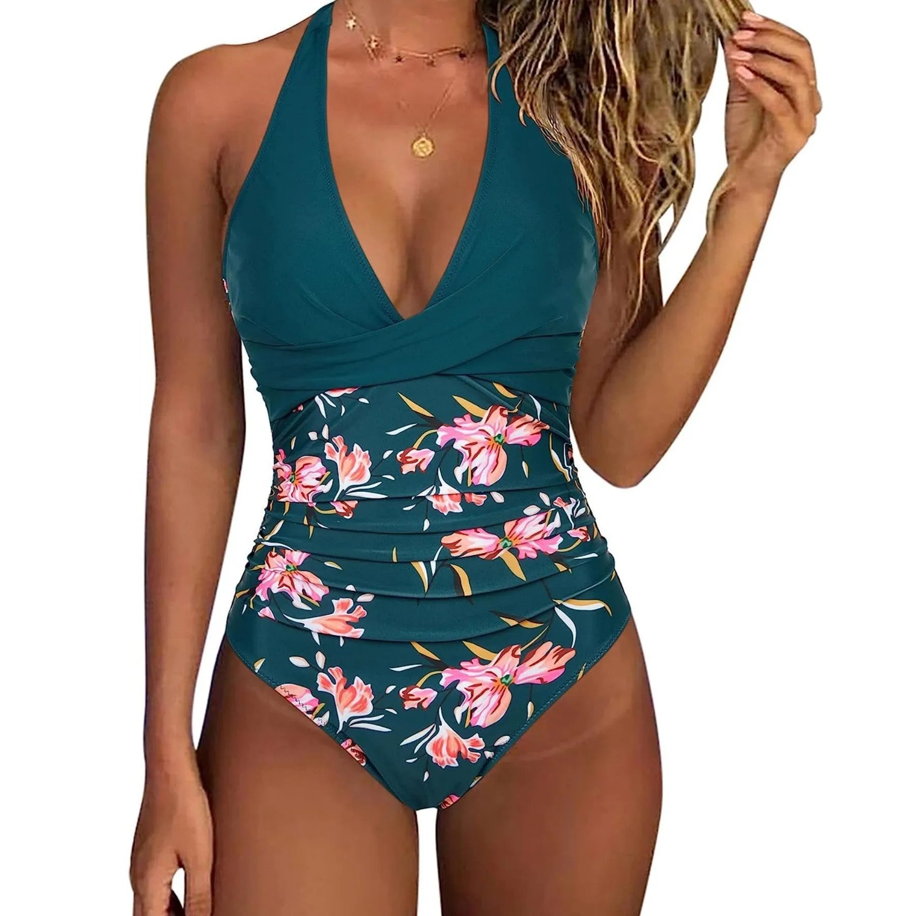 Women's printed one-piece bikini swimsuit with lace-up back detail in a leopard print pattern.