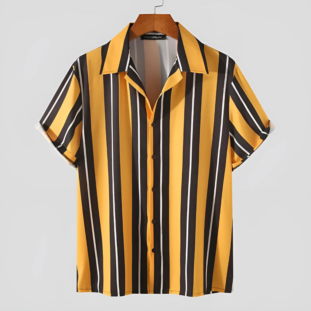 Men's yellow cotton loose fit casual summer streetwear short sleeve shirt