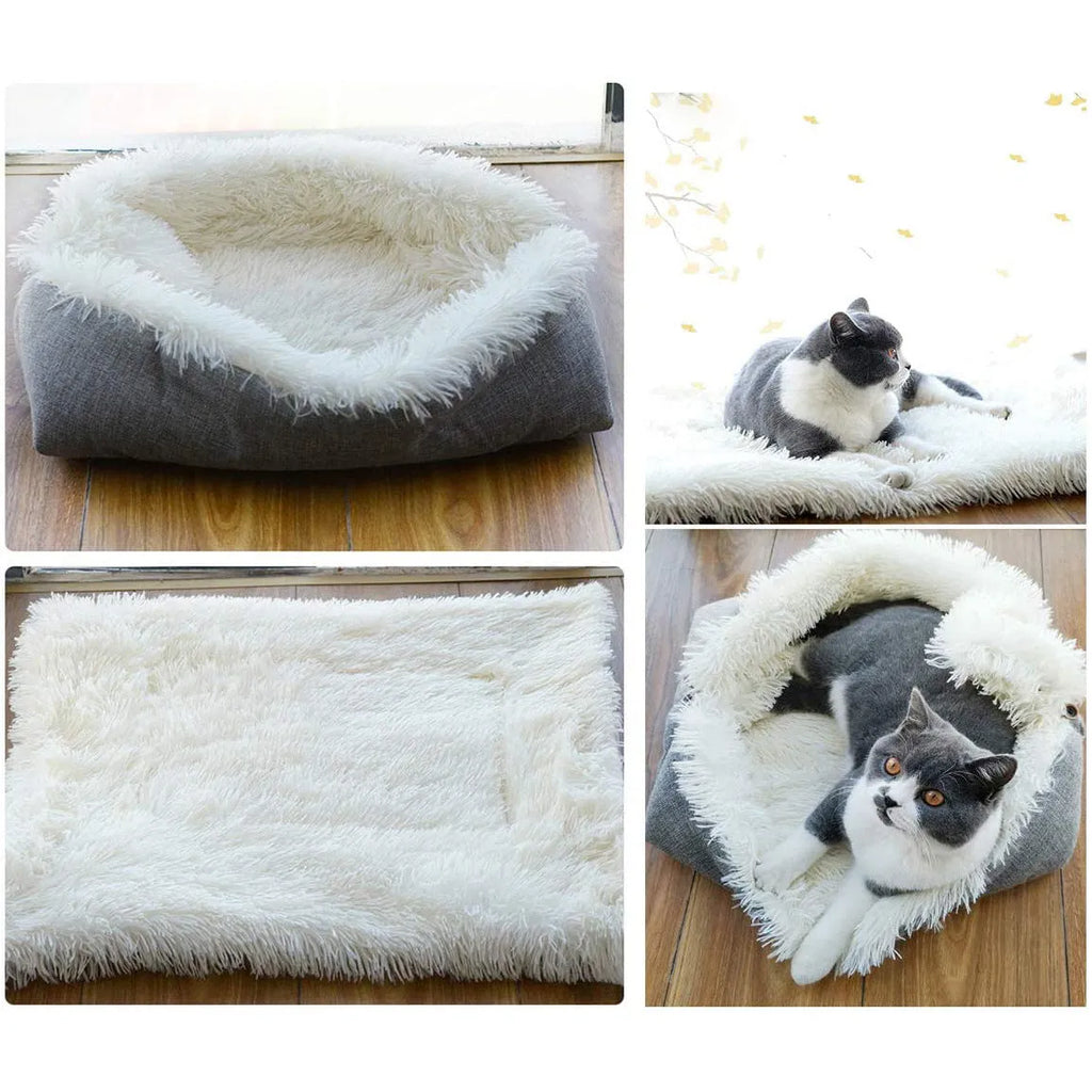 Grey and white pet blanket nest with plush surface and non-slip bottom measuring 61cm by 51cm