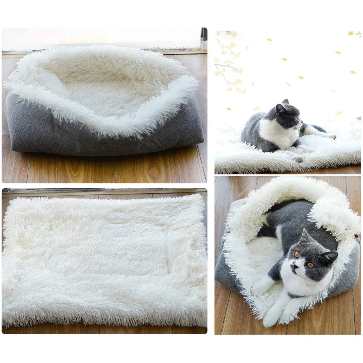 Grey and white pet blanket nest with plush surface and non-slip bottom measuring 61cm by 51cm