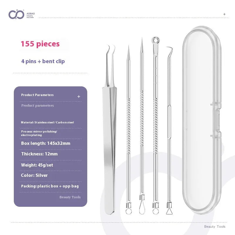 4-piece metal acne needle set with ultra fine pointed tips for professional skincare extraction