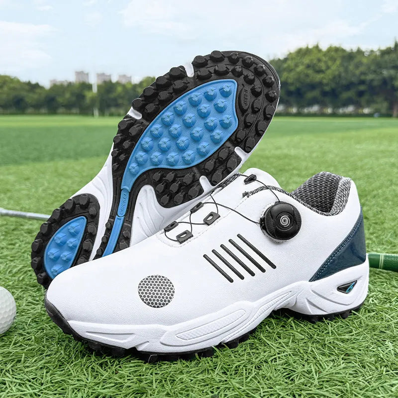 Men's rotating shoelace lightweight golf shoes in black with rubber sole and mesh inner
