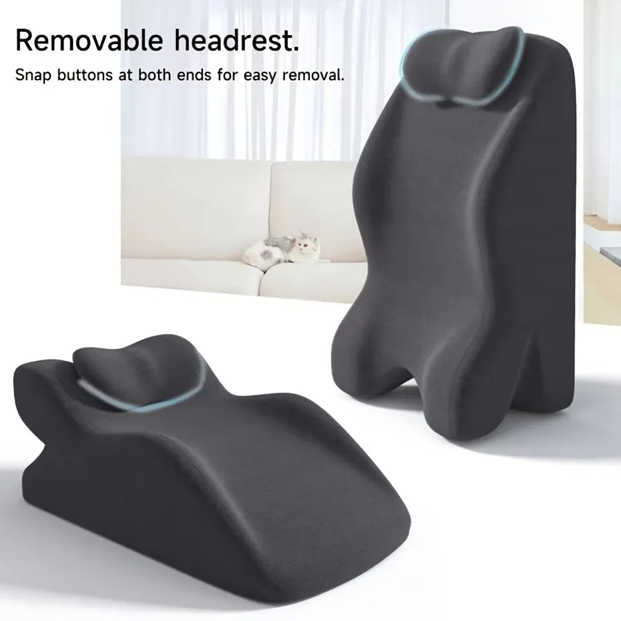Stomach sleeper pillow designed for reading and phone use while lying down in blue colour option