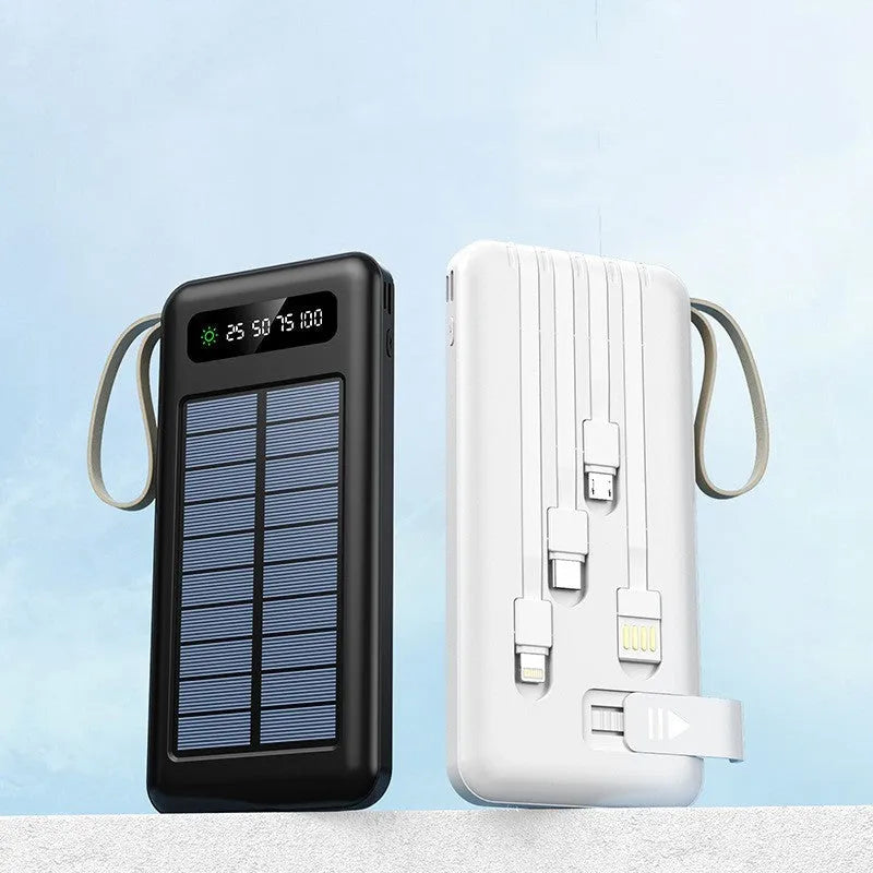 Cool black and ivory white solar power bank with capacity display and charging cable.