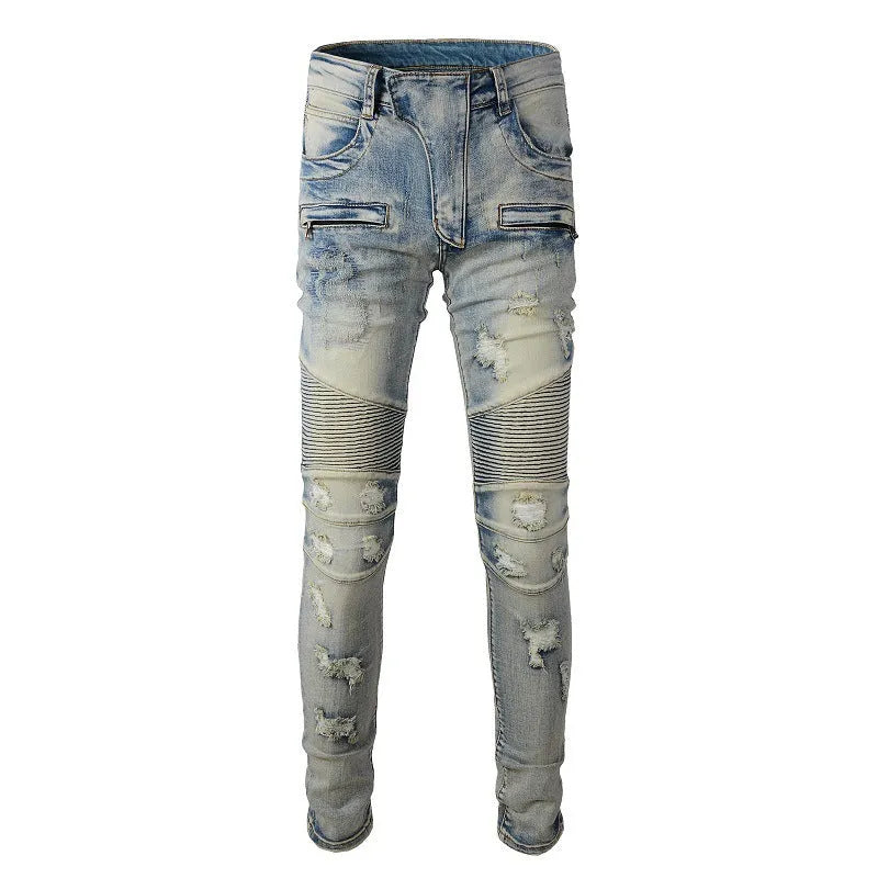Light blue men's slim fit distressed jeans with hand-frayed detailing and a straight leg cut.