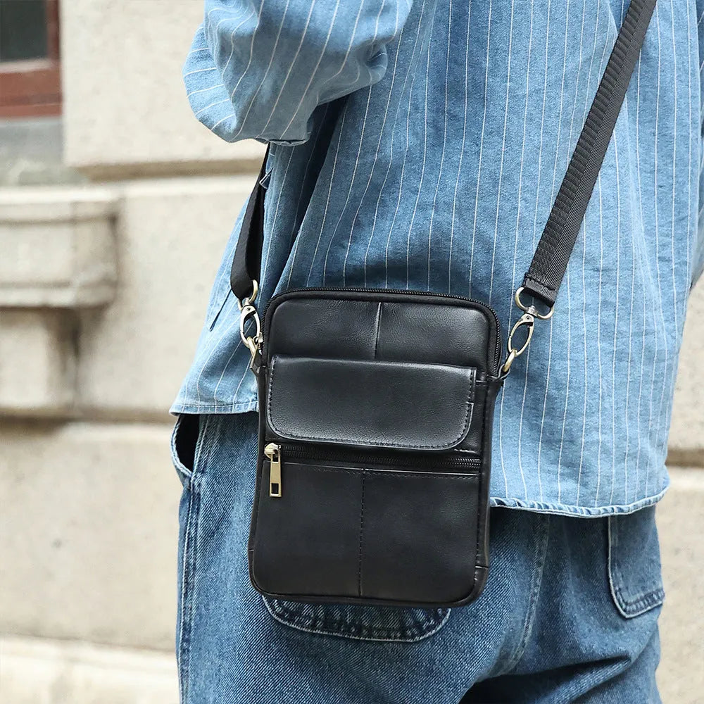 Men's brown genuine leather crossbody shoulder bag with visible sewing lines