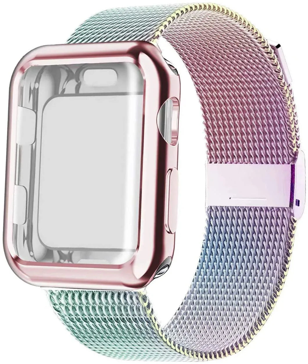 Apple Watch with silver magnetic Milanese loop band showing adjustable magnetic clasp on wrist.