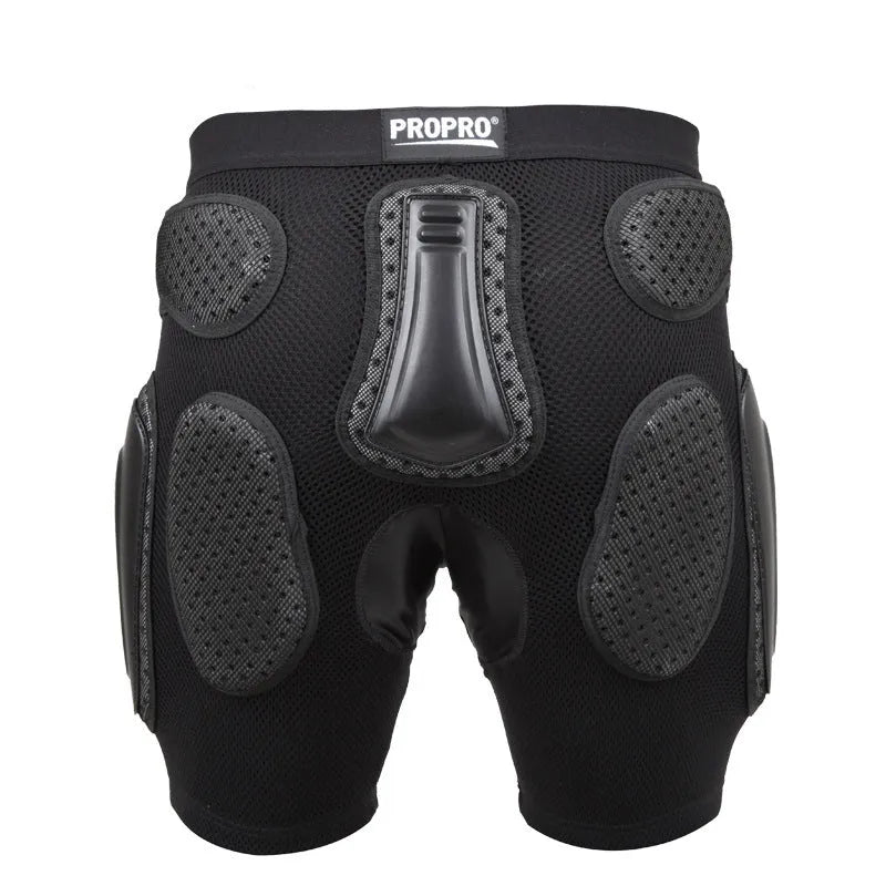 Black cycling multifunctional hip pad protective pants showing the hip protection area.