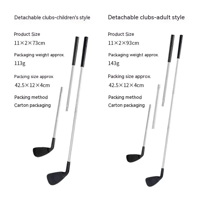 Metal golf club set showing adult and children's size options for outdoor sports practice