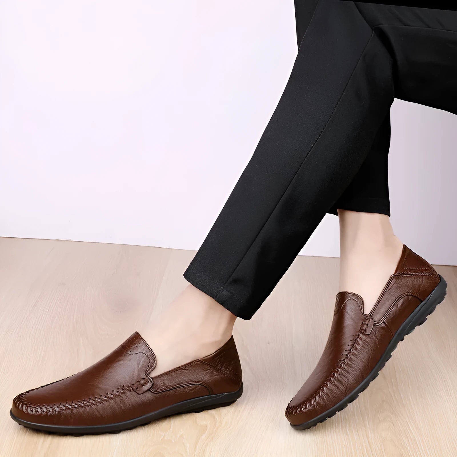 Men's cowhide leather shoes with round toe and flat heel in black, brown, and dark brown colour options