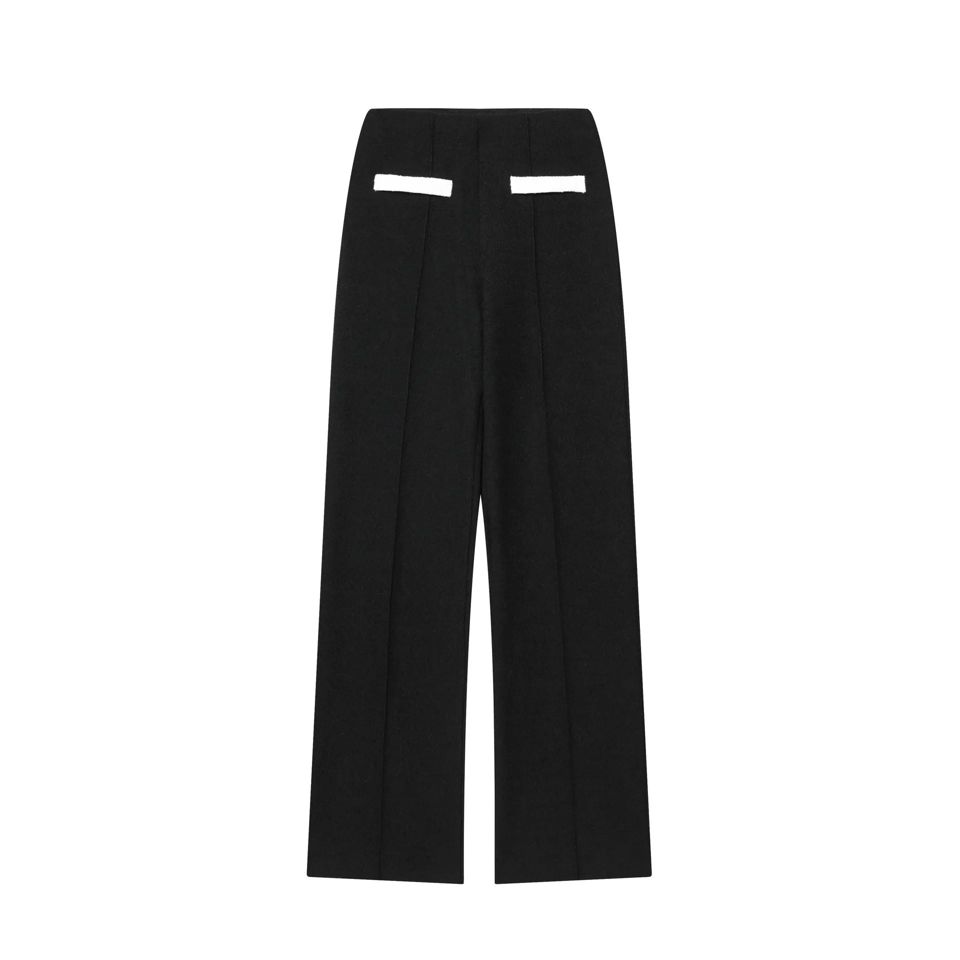 Women's beaded leather accent top and high-waisted stretch trousers suit set in contrast colours.
