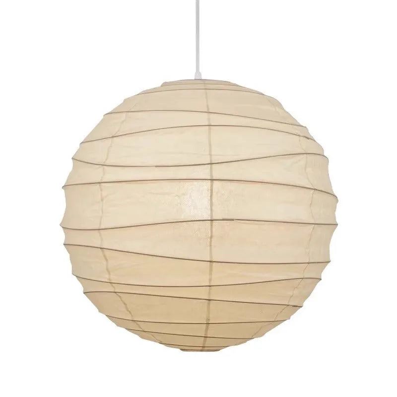 Japanese-style rice paper ball chandelier pendant light in a living room setting.