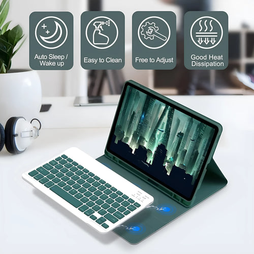 Samsung Galaxy Tab keyboard case set with TPU protective shell, Bluetooth keyboard, and charging mouse in multiple colours