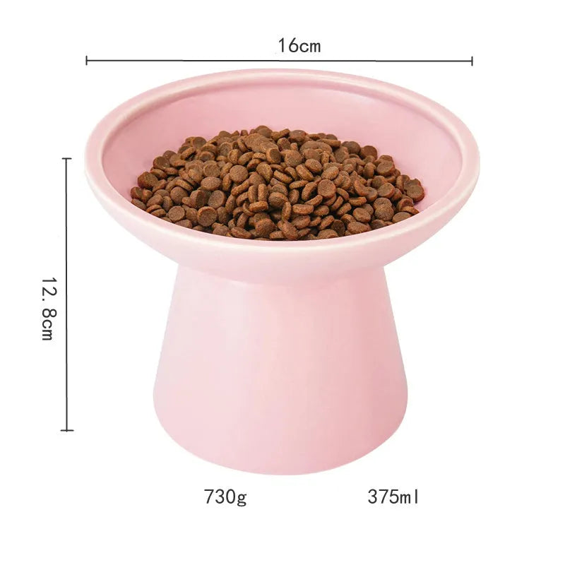 Ceramic elevated cat food bowl in blue colour with wide shallow design and raised base