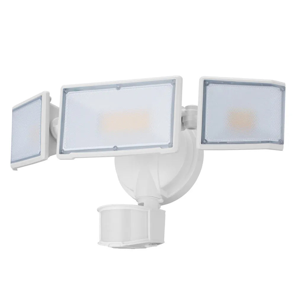 White and black versions of a 120V LED motion sensor security flood light for wall or ceiling mounting.