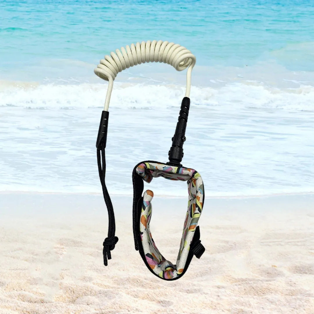 Surfboard hand holding rope made from high elasticity pulp material on a white background.