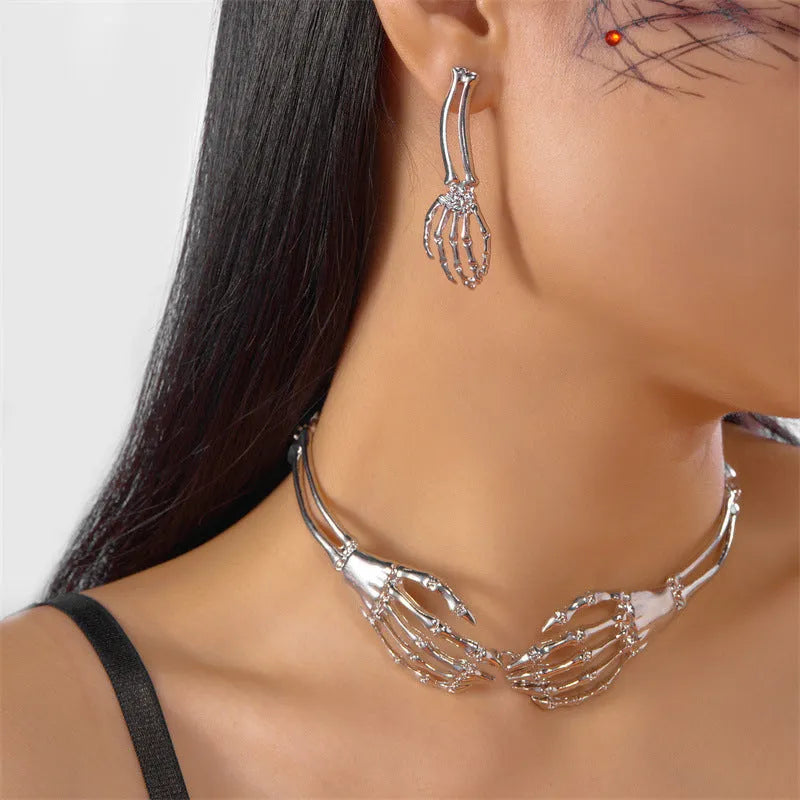 Dark style skull and ghost hand necklace and earrings set in silver or black electroplated alloy with 41-50cm chain