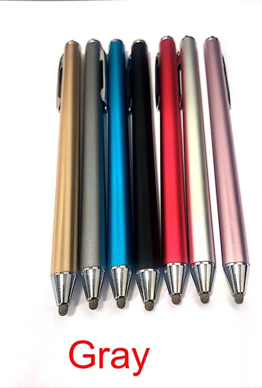 Fine tip metal stylus pen for touch screen tablets and smartphones in assorted colours.