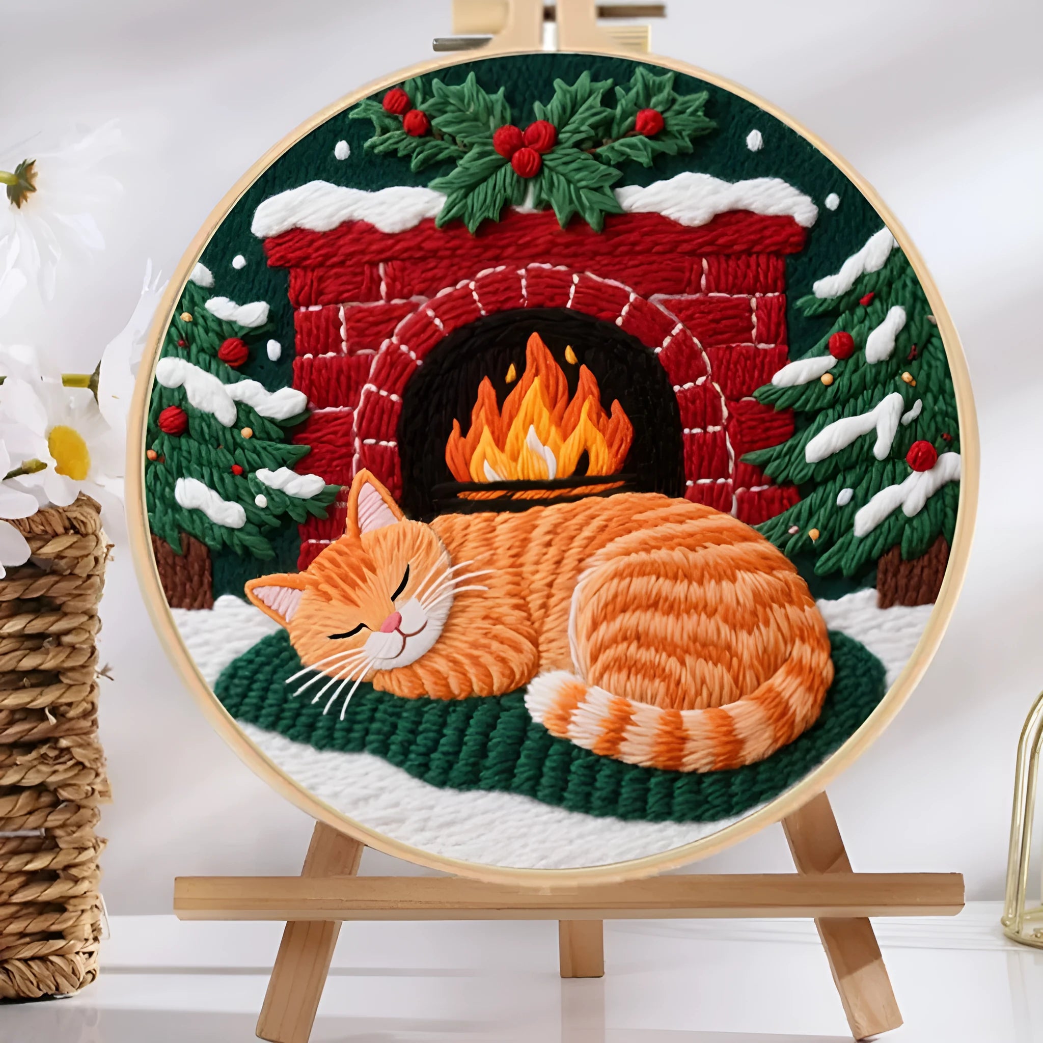 Embroidery material kit with autumn fruit and cat design on cotton linen fabric