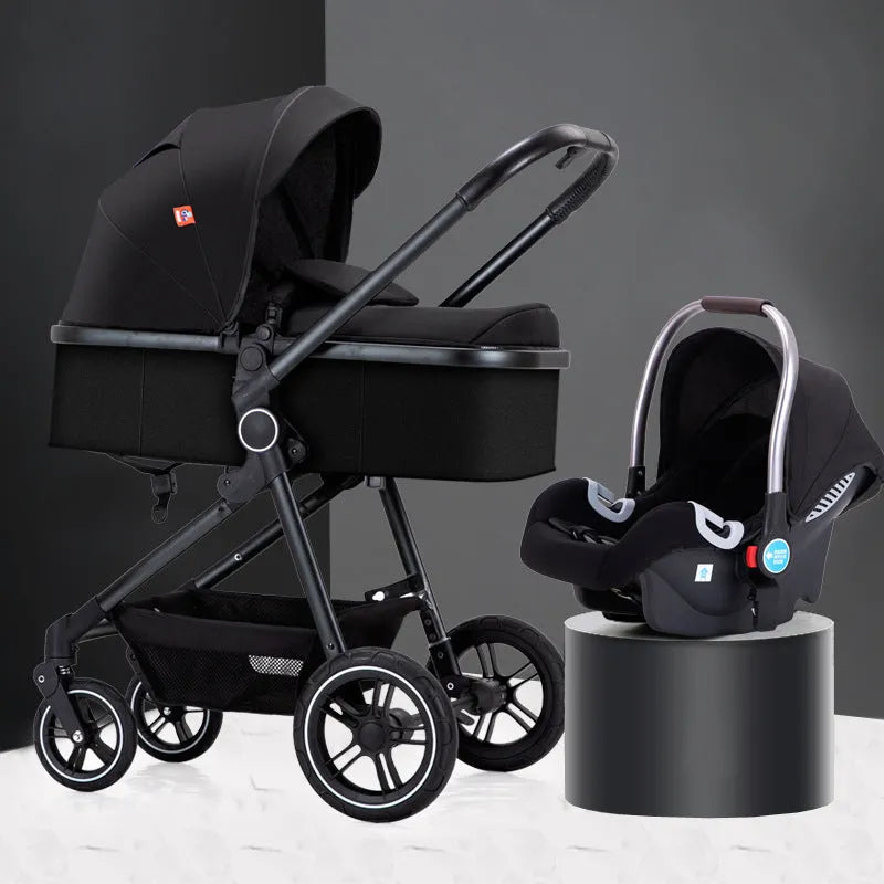 Four-wheel aluminium alloy pushchair with lie-flat high-view seat in classic black colour option
