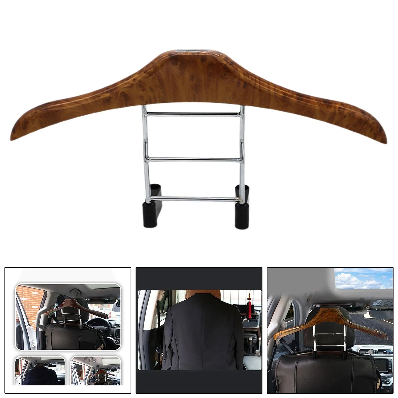 Wood yellow stainless steel car clothes hanger for suits and coats on a vehicle headrest.