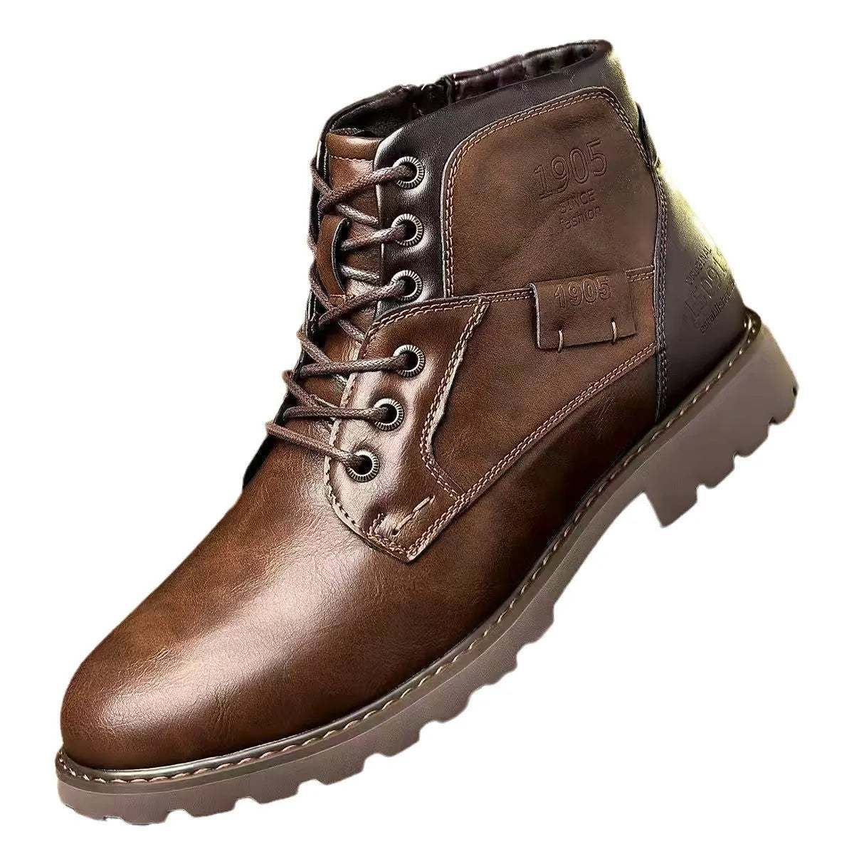 Men's brown side-zip Martin ankle boots with a round toe and rubber sole.