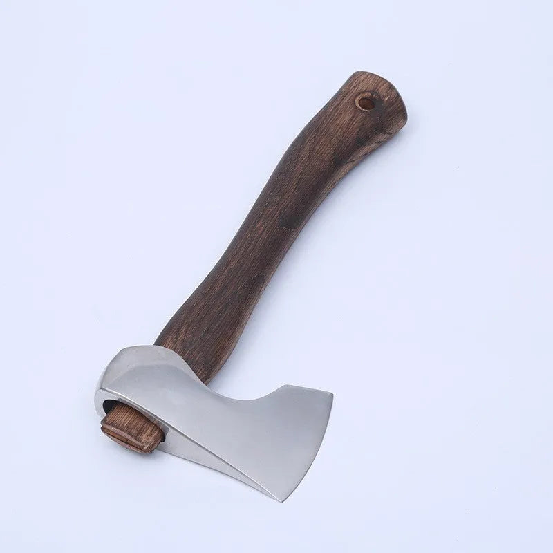 Camping axe with high carbon steel head and wooden handle on a neutral background