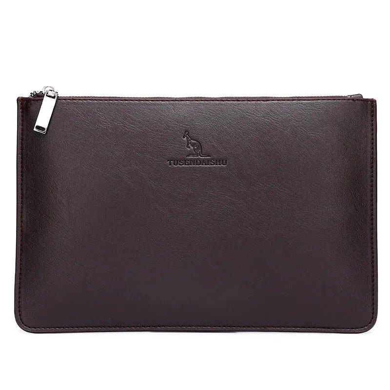 Men's black checkered PU leather clutch wallet showing six card slots and zipper pocket