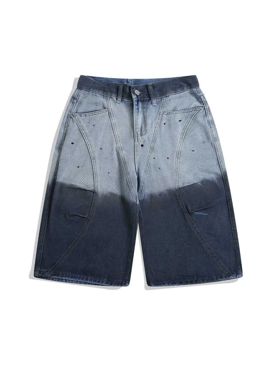 Blue tie-dye gradient washed-out cropped jeans with a loose fit and mid-waist, laid flat
