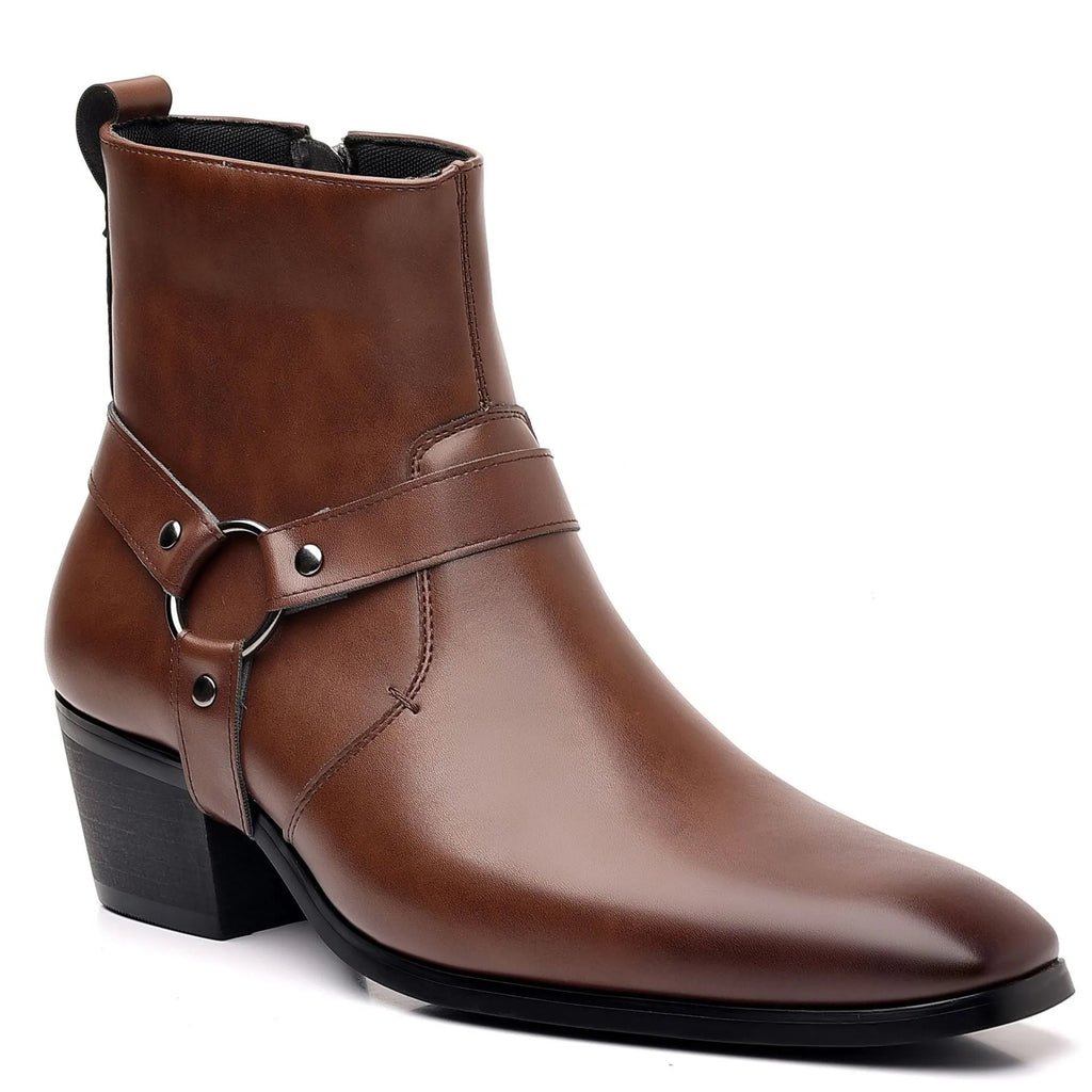Unisex black chain boots with side zipper, square toe, and decorative rivets on a textured PU upper