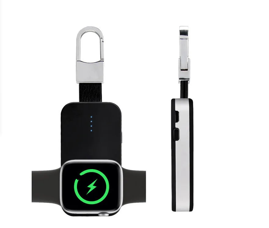 Black Apple Watch portable wireless power bank on a keyring showing compact size.