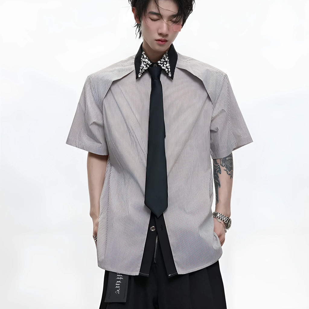 Men's blue and white patchwork striped shirt with diamond tie detail and quilted construction
