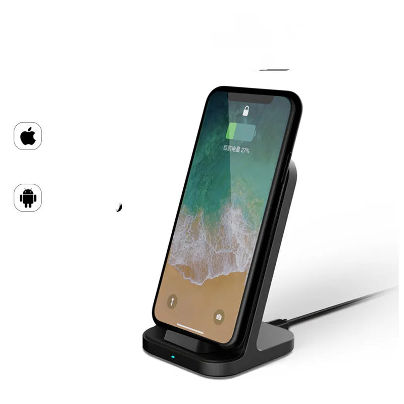 Dark grey vertical wireless charging stand for Apple phones measuring 70x70x113 mm