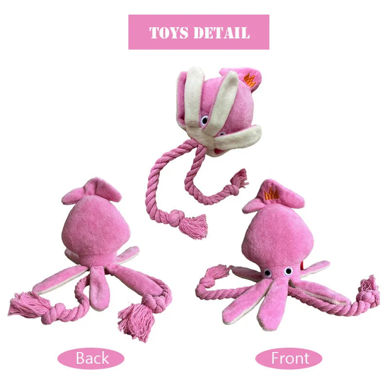 Pink squid-shaped corduroy dog chew toy with a squeaker.