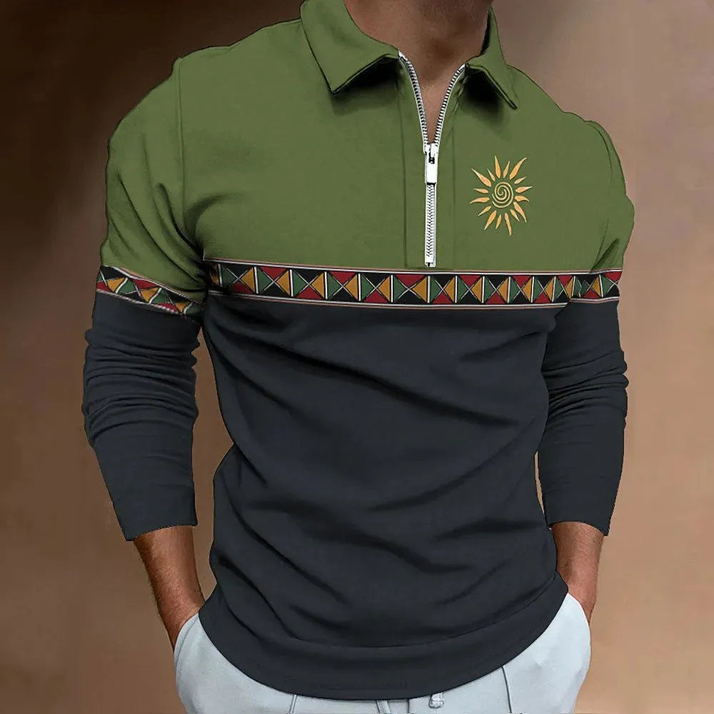 Men's retro print golf T-shirt with stripe pattern and zip details in loose fit