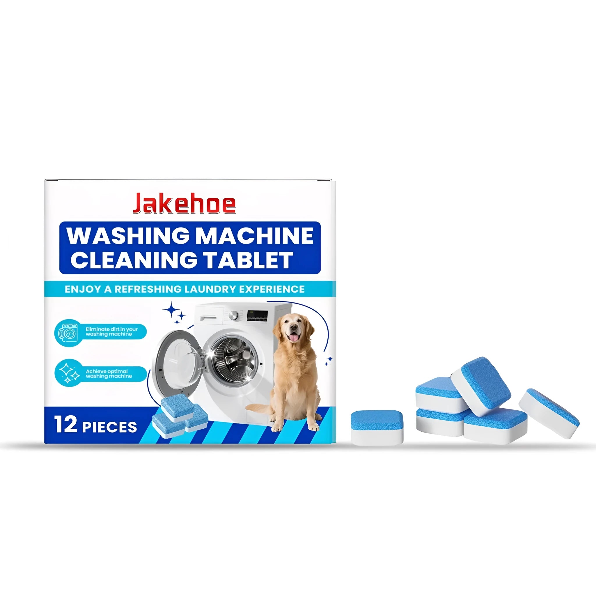 12 washing machine cleaning tablets in packaging with ingredients including sodium bicarbonate and citric acid