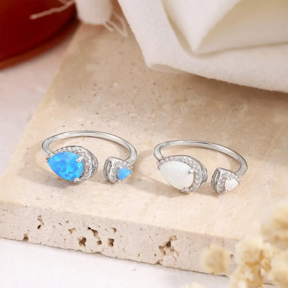 S925 sterling silver adjustable open mouth ring with blue drop-shaped fat triangle opal design geometric style