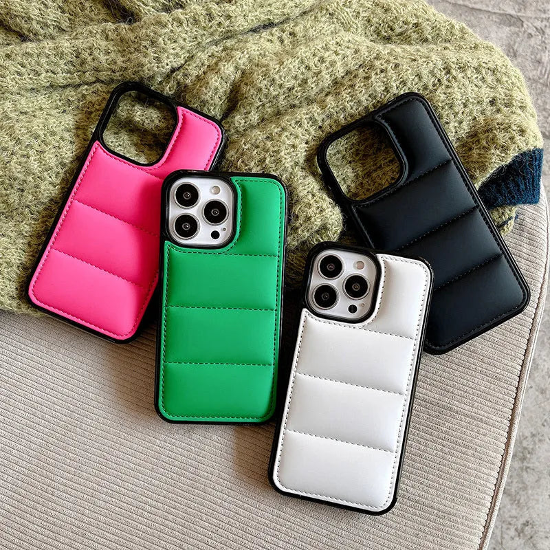 Candy down jacket texture iPhone case in solid colours: black, white, rose red, green.