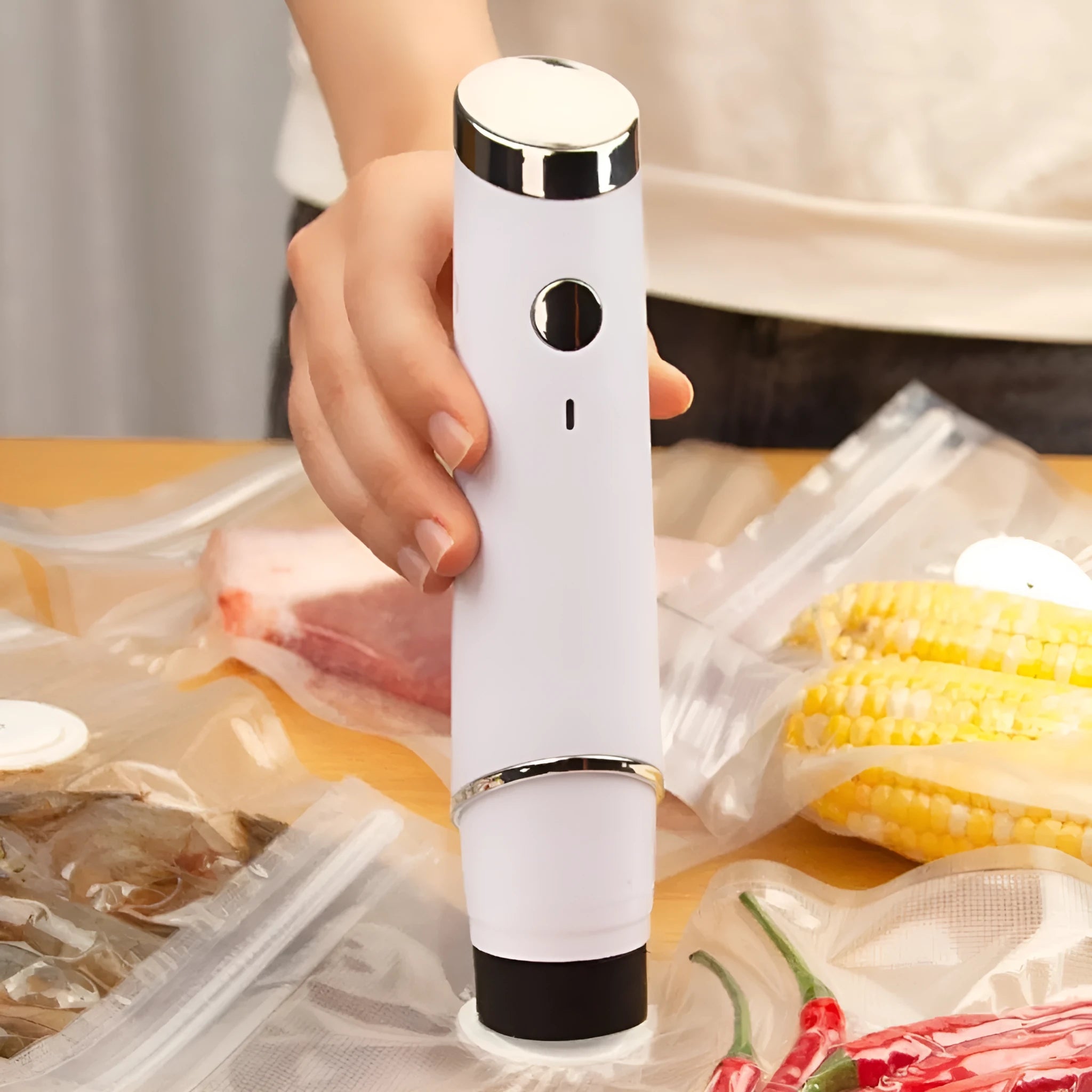 White USB electric vacuum sealer pump and five clear plastic 26x28cm storage bags.