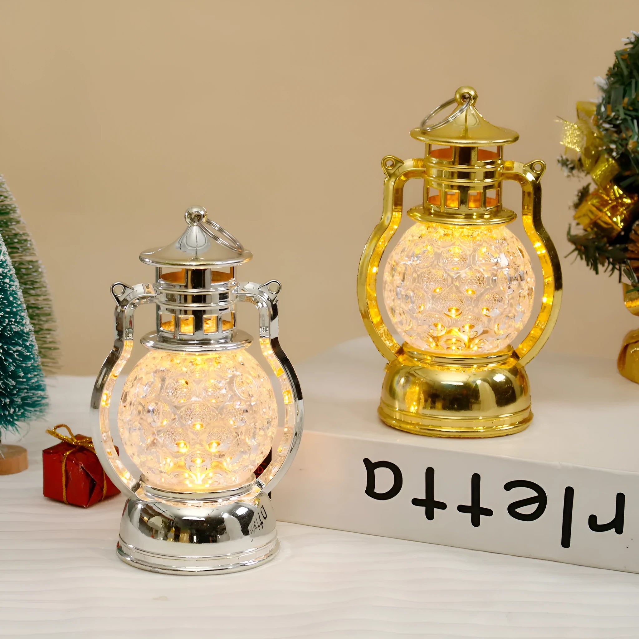Retro oil lamp style LED night light in gold or silver finish measuring 14.5cm tall