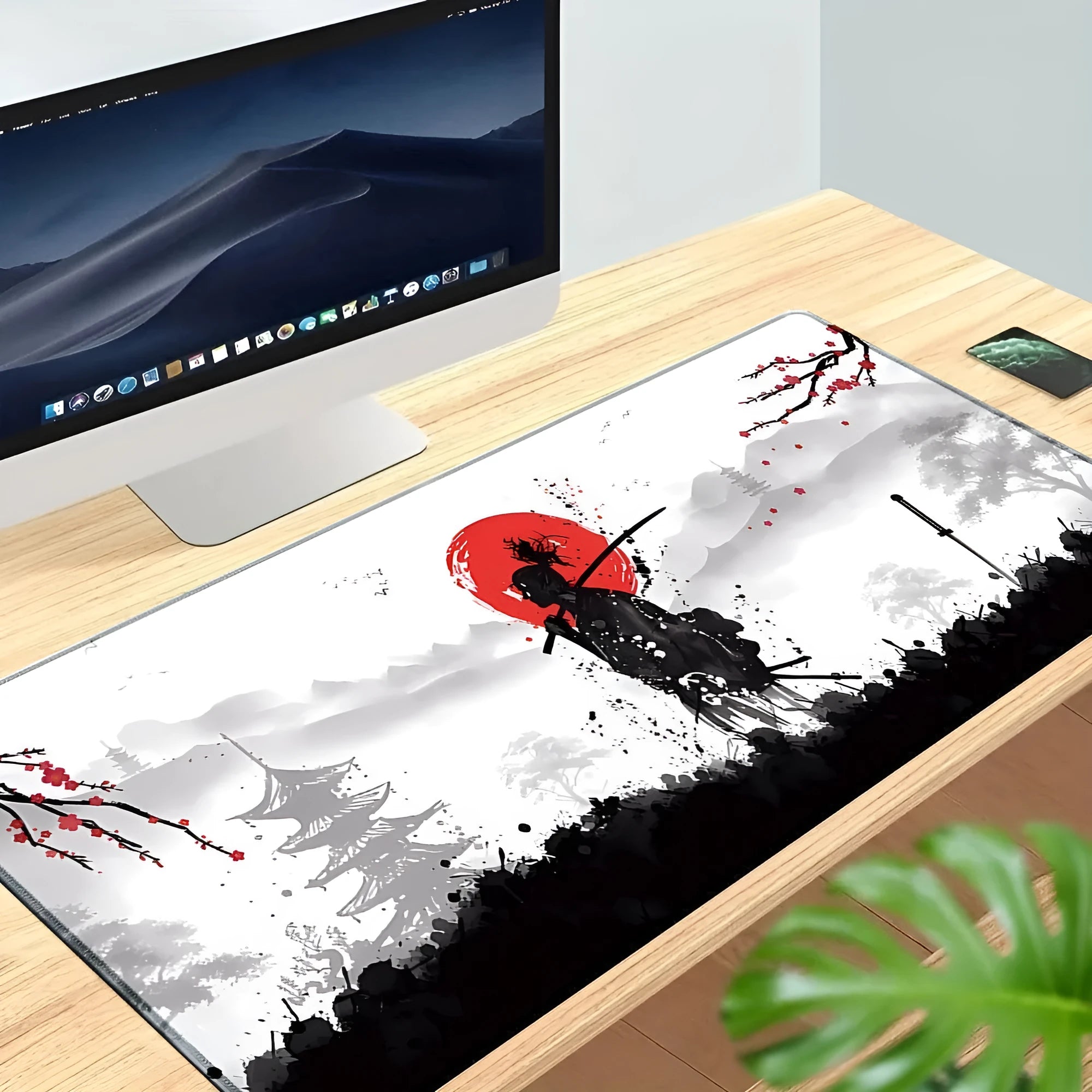 Japanese samurai pattern gaming mouse pad on desk with computer mouse