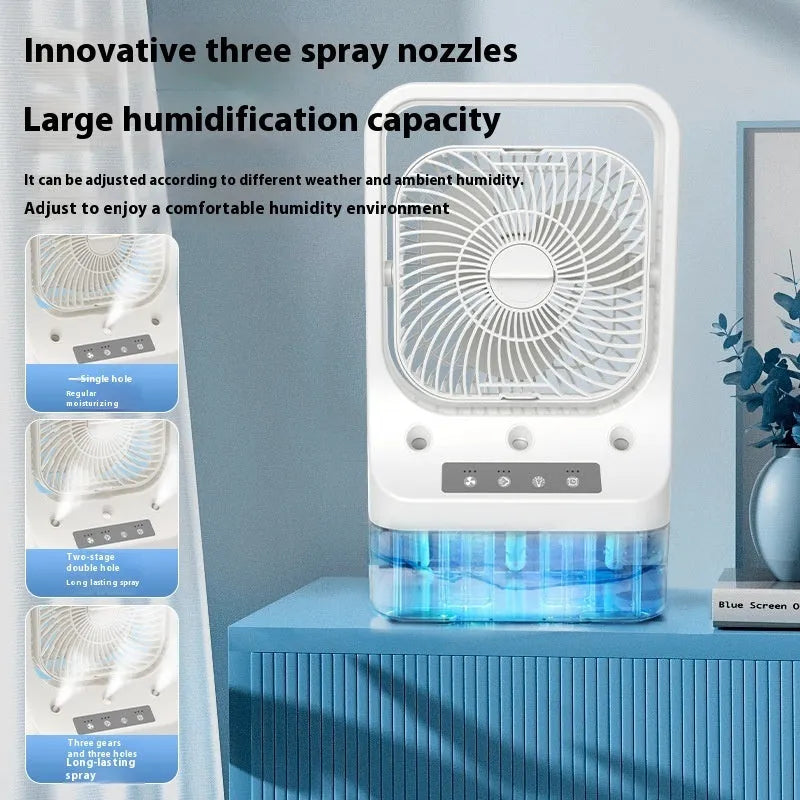 White USB rechargeable water-cooled air cooler fan with adjustable head on a table.